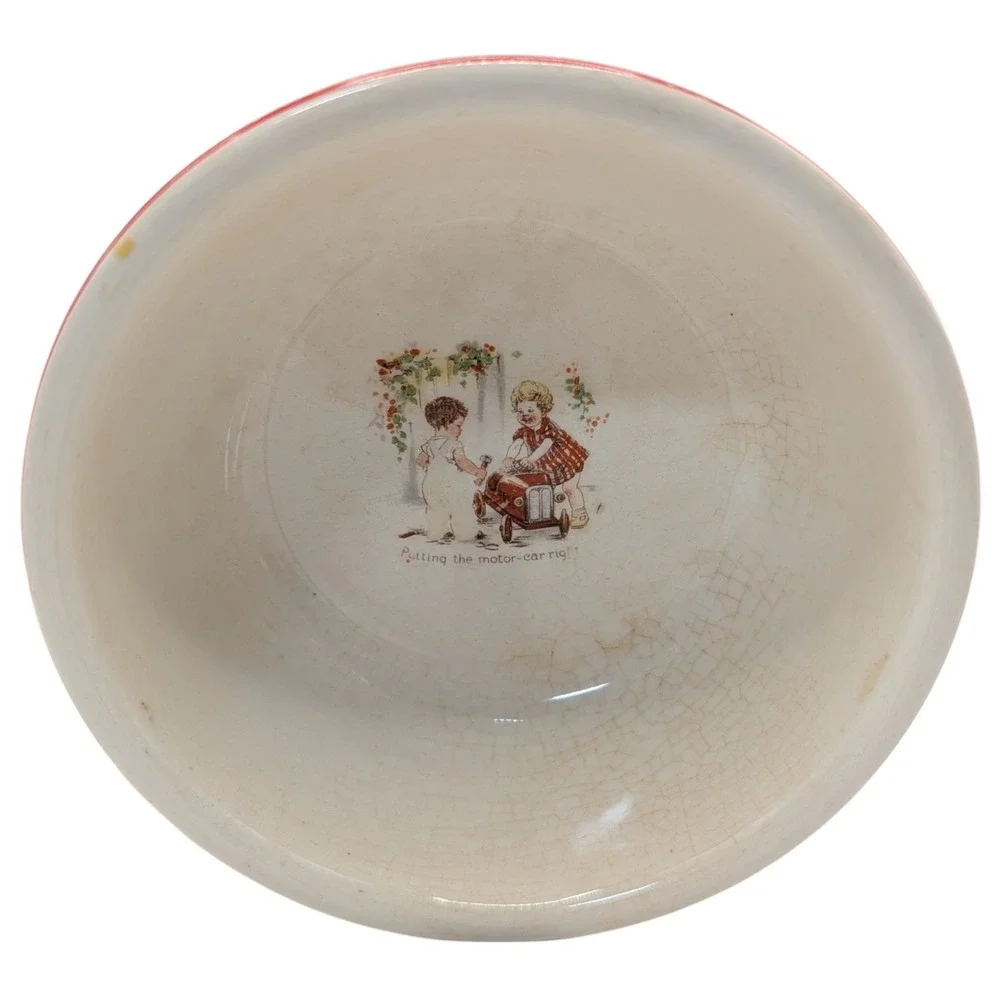 Antique Putting The Motor Car Right Childs Porcelain Bowl Red Trim Cereal Soup
